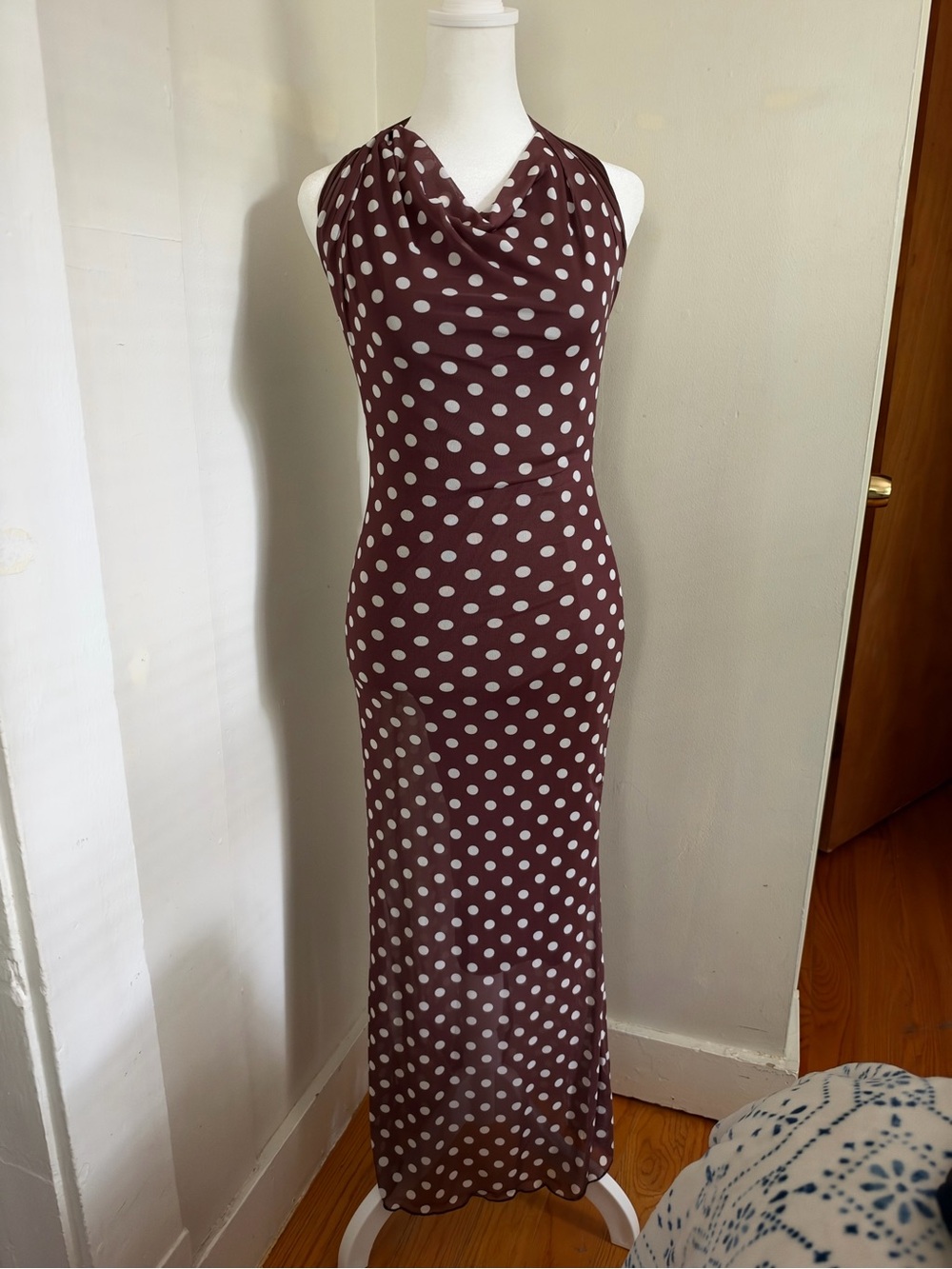 NWT Long Brown Dress with White Polka Dots Size Small